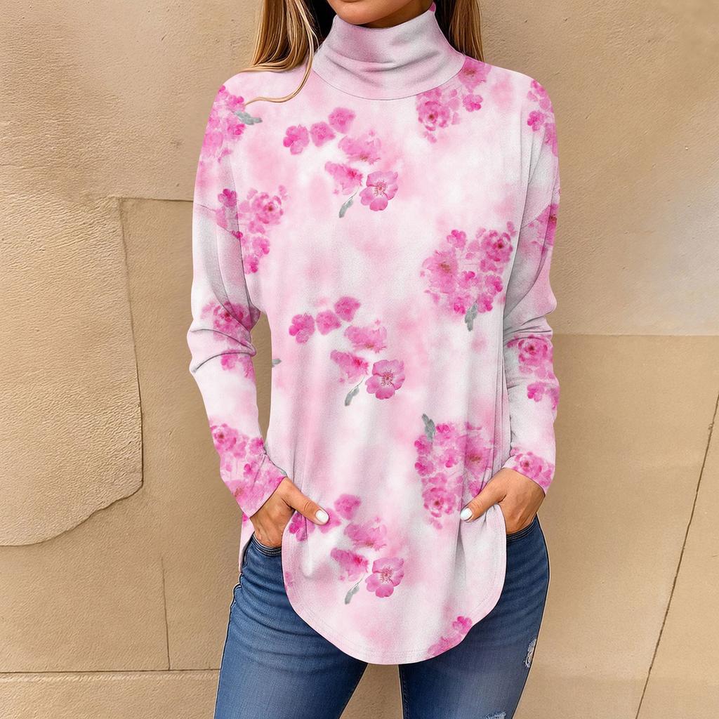 Tee Shirts For Women Fall Casual Long Sleeve Shirts Sweatshirt Vintage Printed High Neck Top Pullover