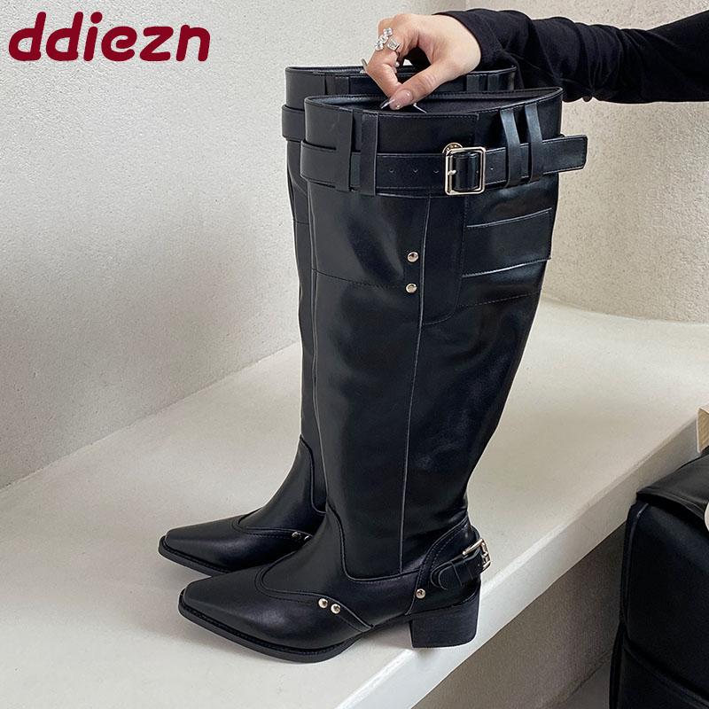 Móda Módní Špičaté Dámské Kozačky po Koleno Moderní Boty Obuv Dámská Čtvercové Podpatky Obuv Dámské Dlouhé Kozačky Boty Lodičky