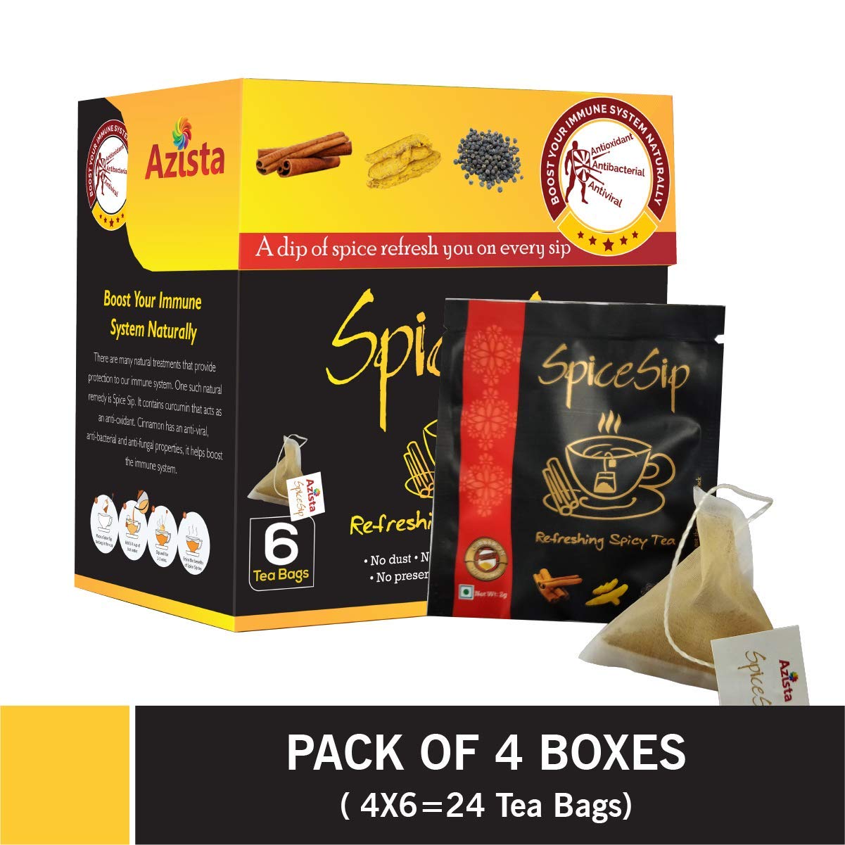 Spice Sip Natural Immunity Booster Tea Bags India s First Tea with Cinnamon, Turmeric and Black Pepper Pack of 4