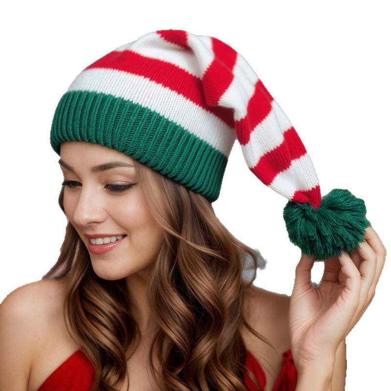 Christmas Hat, Striped Knitted Color-blocked Warm And Cold-proof Pom-pom Wool Hat
