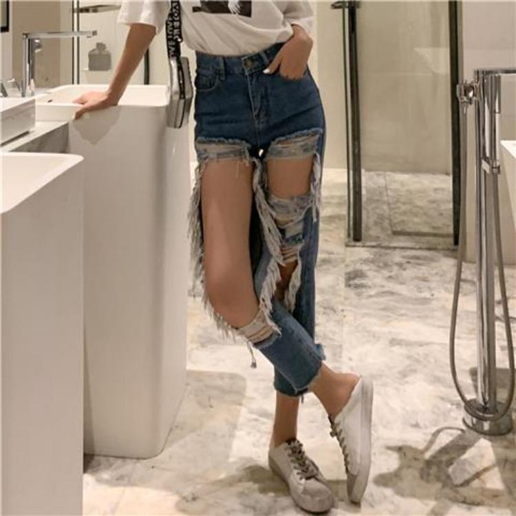 Autumn New Big Hole Large Size Jeans Women's High Waist Loose Wide Leg Pants