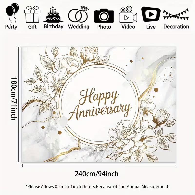 2D Happy Anniversary Backdrop White Marble Gold Floral Photography Background