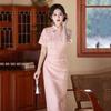 Pink Modern Chinese-Inspired Long Cheongsam Dress Women 2026 Stylish Everyday Wear