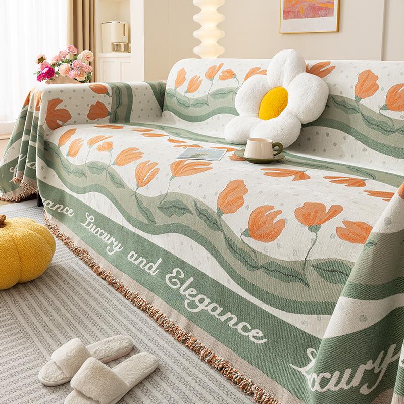 

Rural Tulip Printed Sofa Towel with Tassels Soft Chenier Couch Cover for Living Room Multi Functional All Inclusive Seat Cushion 180x130cm