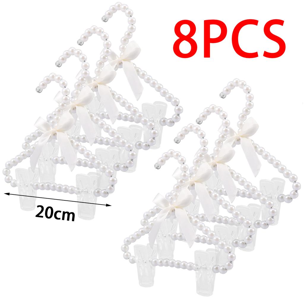 8Pcs Pearl Hanger with Clip Bow Tie Beads Kids Clothes Hanger Dress Wardrobe Closet Storage Dry Rack for Toddler Baby Girl Boy