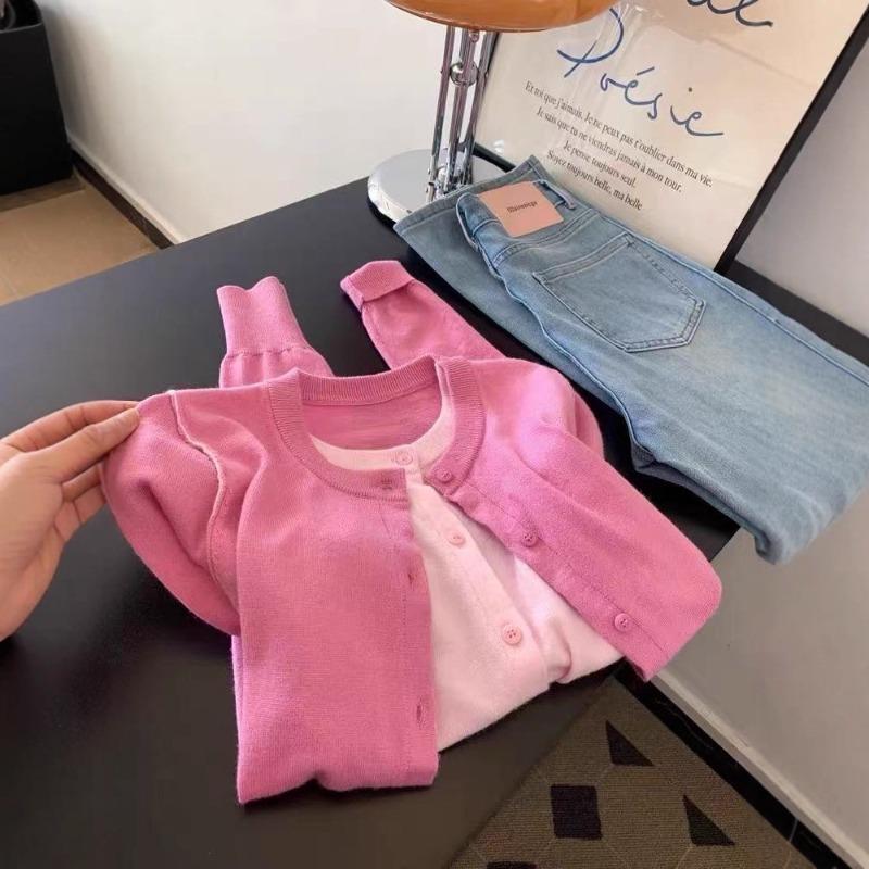 Rose pink fake two-piece knitted cardigan women's new small top, high-end early autumn wear