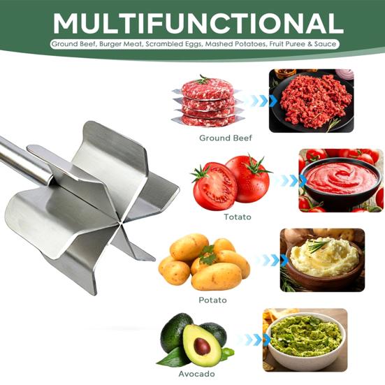 Meat Chopper Tool, Stainless Steel Ground Beef Crusher with 6 Blades, Hamburger Masher for Turkey Chicken, Potato Masher & Food Processor