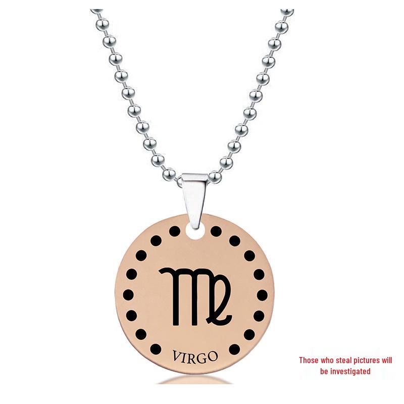 Rose Gold Stainless Steel Necklace with Twelve Constellations Engraved Round Tag - Christmas Holiday Gift