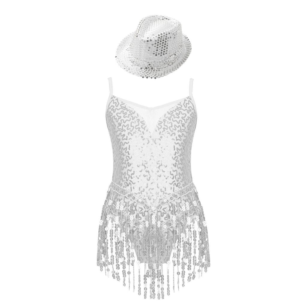 Girls Sleeveless V Neckline Mesh Patchwork Shiny Sequins Tassel Hem Leotard Hat Jazz Latin Dance Costume