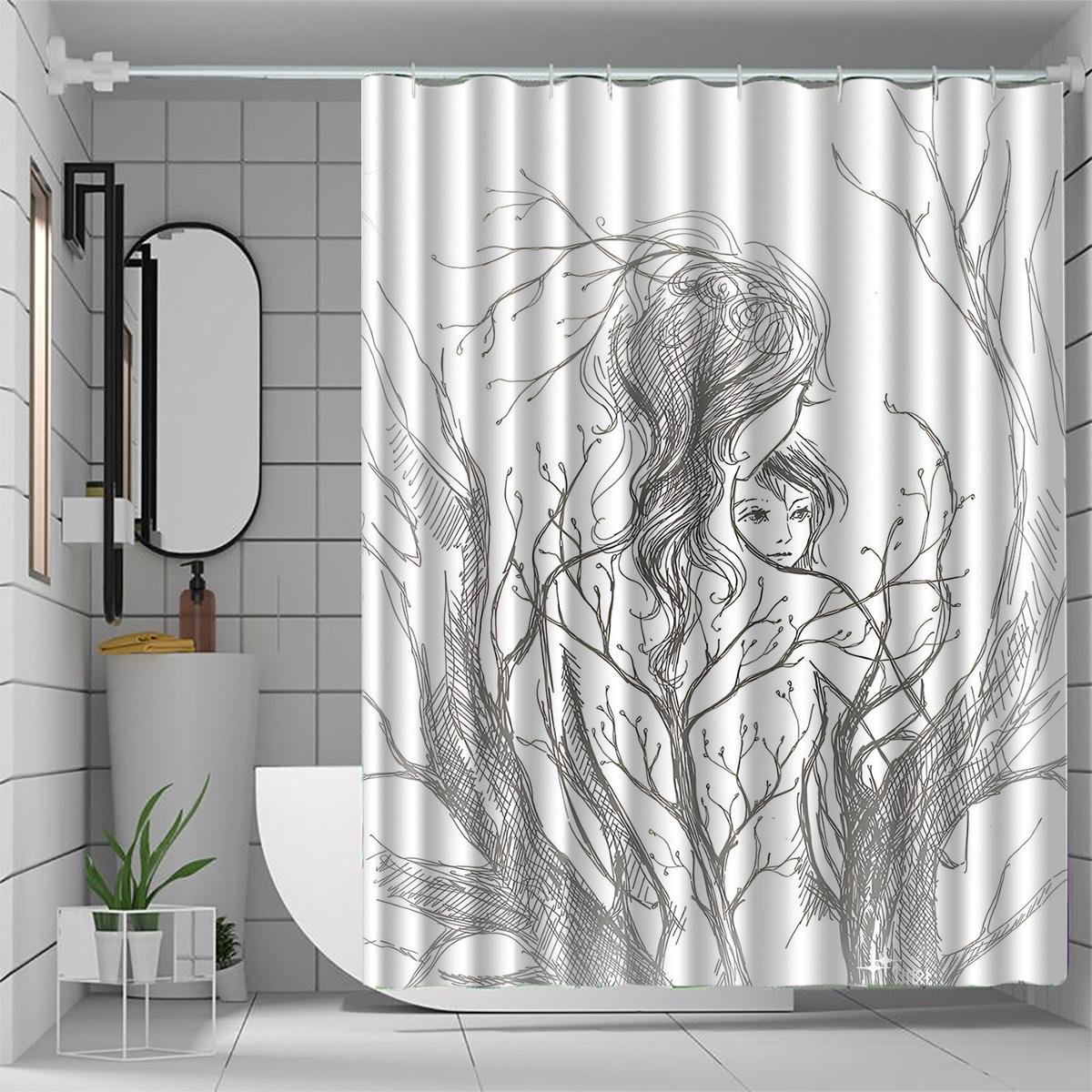

Elegant Waterproof Shower Curtain - Artistic Sketch Print, Knitted Weave Polyester, Includes Hooks, All-Season Bathroom Decor W90xH180cm