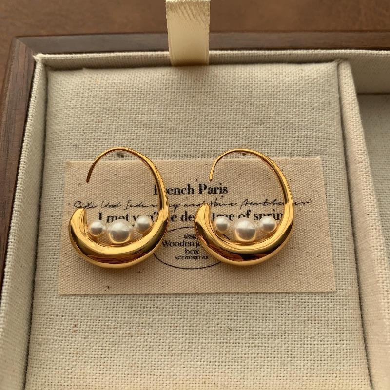 Simple Crescent Moon Pearl Earrings, Ear Hooks, French Light Luxury Fashion Niche Personality Unique Minimalist Style High-End Earrings