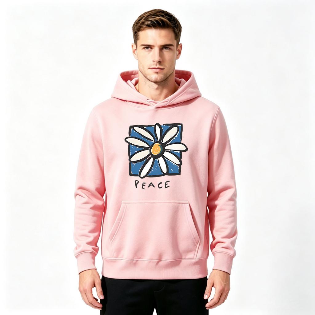 Men's Pullover Hoodie, Peace Daisy Flower Print Casual Long Sleeve Sweatshirt for Daily Wear