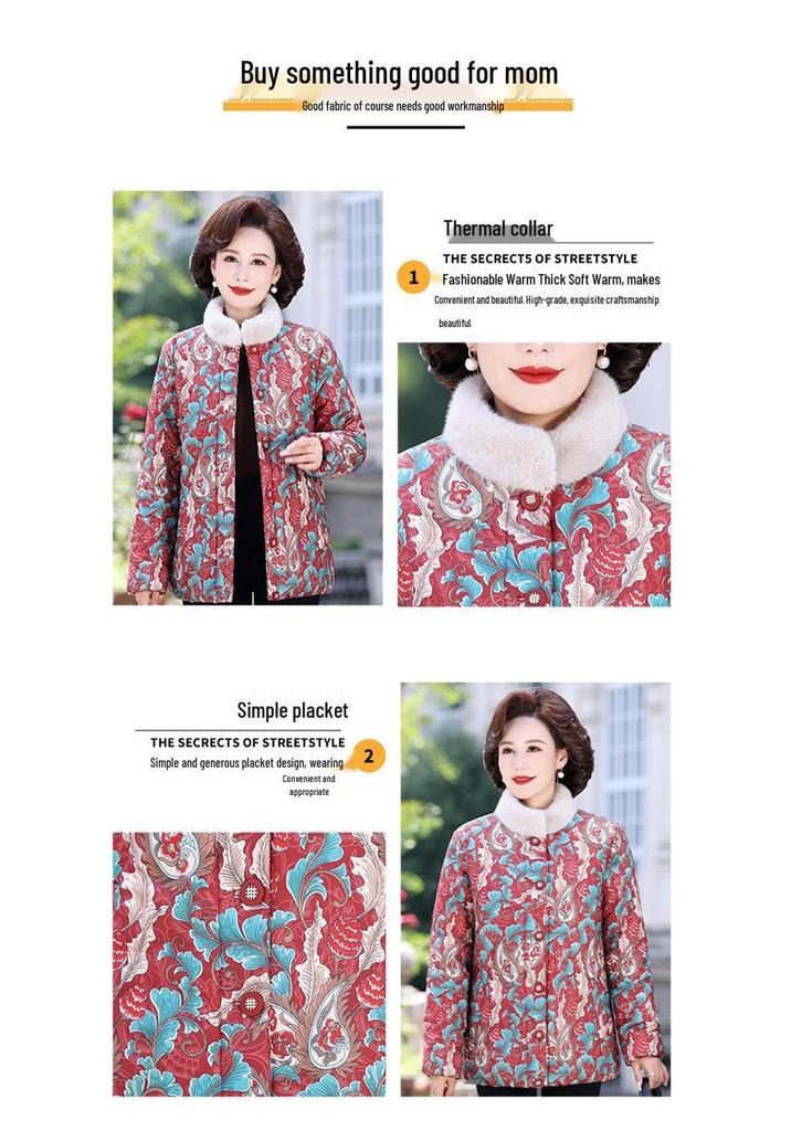 Colorful Fleece-Lined Winter Jacket for Elderly Women - Thickened, Warm Cotton Coat