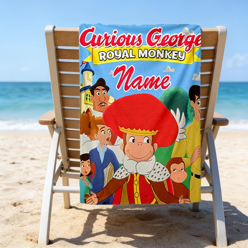 1pc Curious George8 Beach Towel with Custom Name, Beach/Swimming/Bath/Picnic/Camping Towel, Suitable for Seaside Beaches