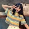 Summer New Style Women's Loose Rainbow-striped Short-sleeved T-shirt, Student Short Style, See-through Casual Versatile Top