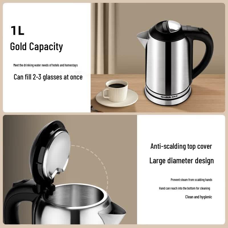 Grelide 1L Stainless Steel Electric Kettle CN plug (adapter included)