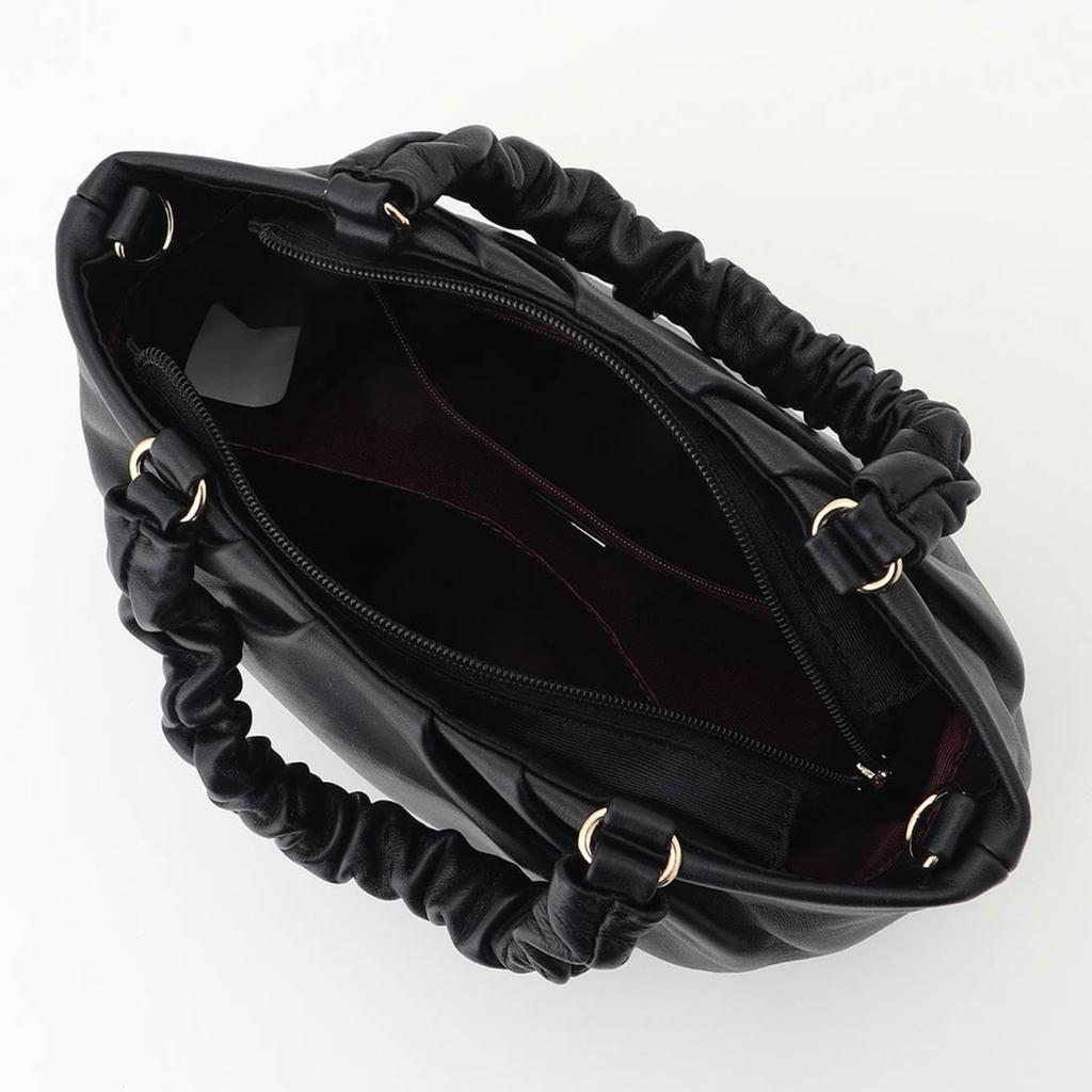 Labagagerie Sheep Leather Gathered Handle 2-Way Round Tote Bag B008401 Black (10)