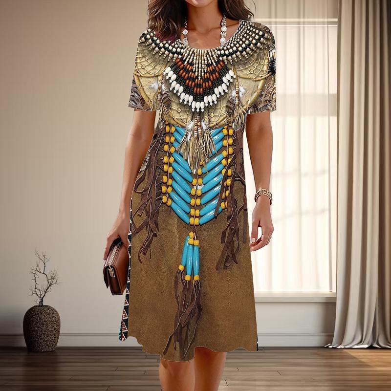 Women's Fashion Graceful Retro Pattern Print Summer Spring Short Sleeve O-Neck Casual Dresses