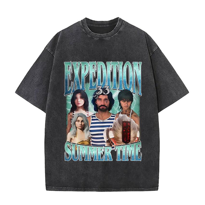 Esquie Clair Obscur Expedition 33 Vintage Washed Graphic T Shirts Men Gothic Classic Punk Short Sleeve Tshirt Unisex Streetwear