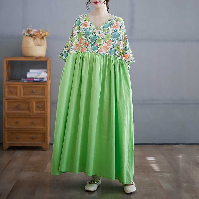 Cotton and Linen Summer Patchwork Retro Style Dress Long Skirt
