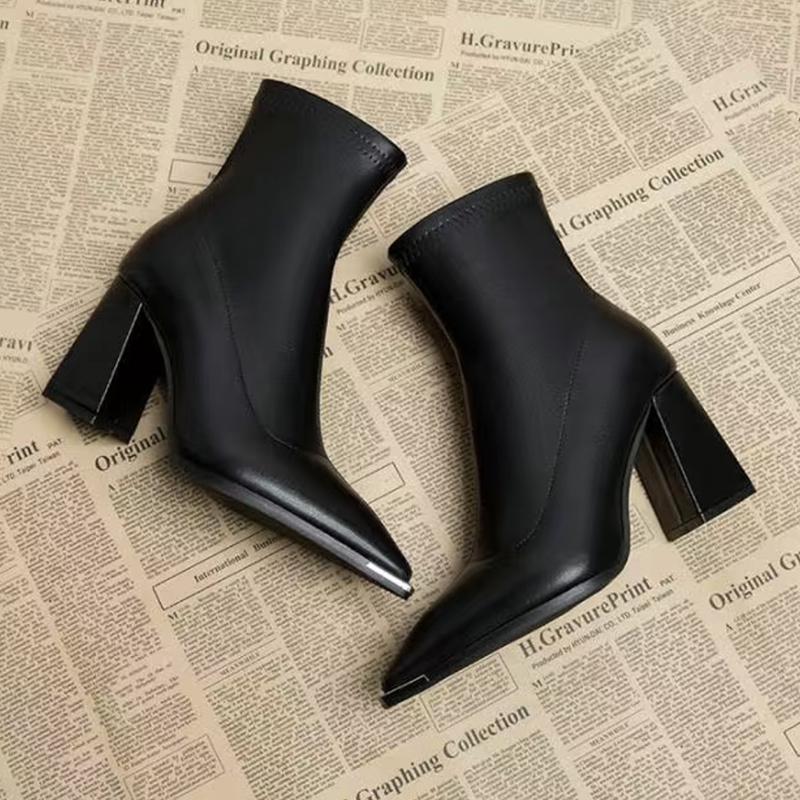Brand Design Metal Decoration Ankle Boots Women 2025 Autumn Sexy Pointed Toe High Heel Chelsea Boots Solid Pu Side Zip Booties