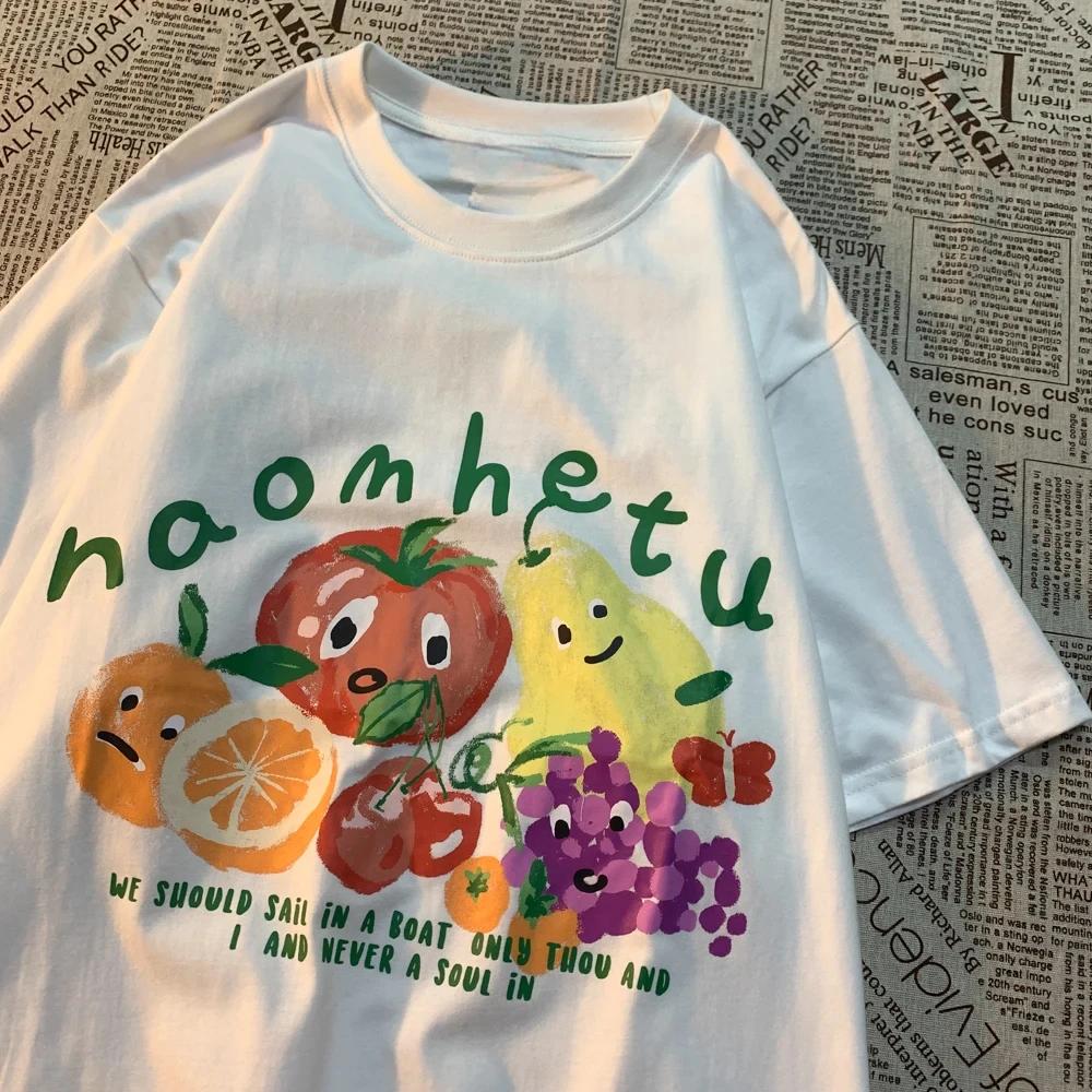 American Retro Fruit Print Round Neck Short Sleeved T-shirt For Women And Men Trendy Loose And Versatile Couple Half Sleeved Tee
