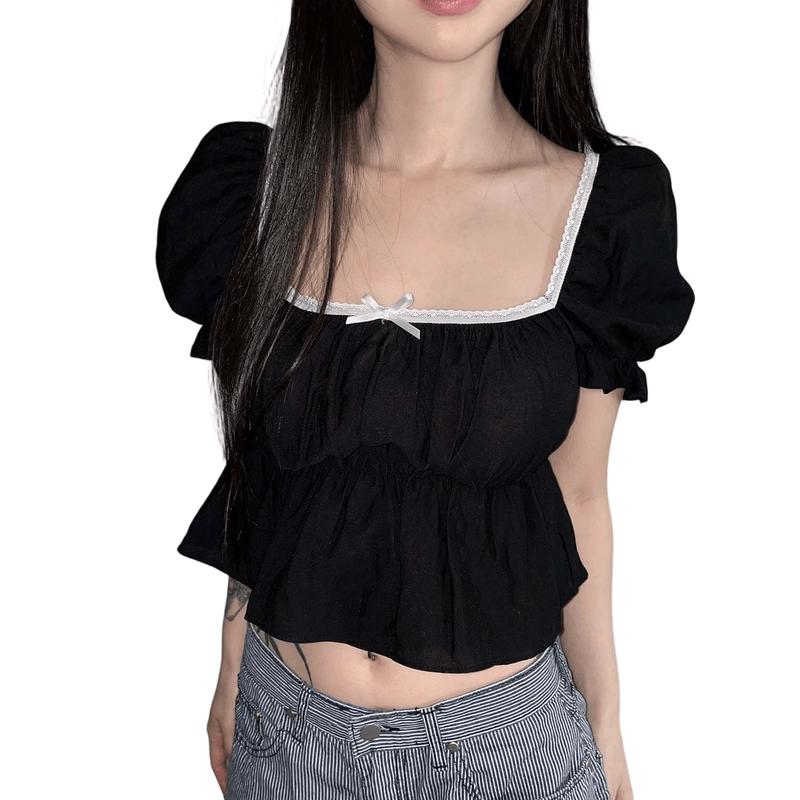 La Chapelle Women s Sweet Bow Tie Lace Trim Short Sleeve T-Shirt One Size