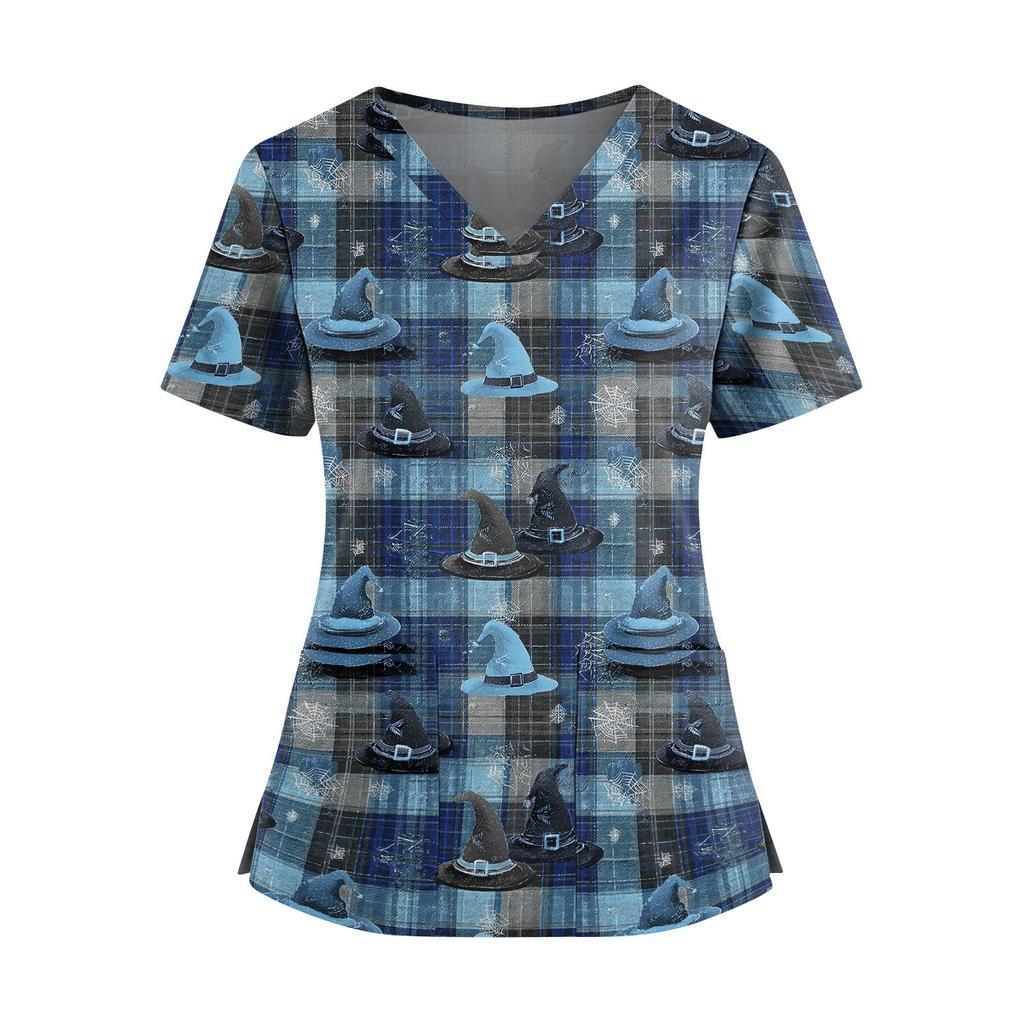 Women's V Neck Short Sleeve Medical Scrub Top with Double Pockets Side Slit Hem Halloween Print Nurse Uniform Shirt