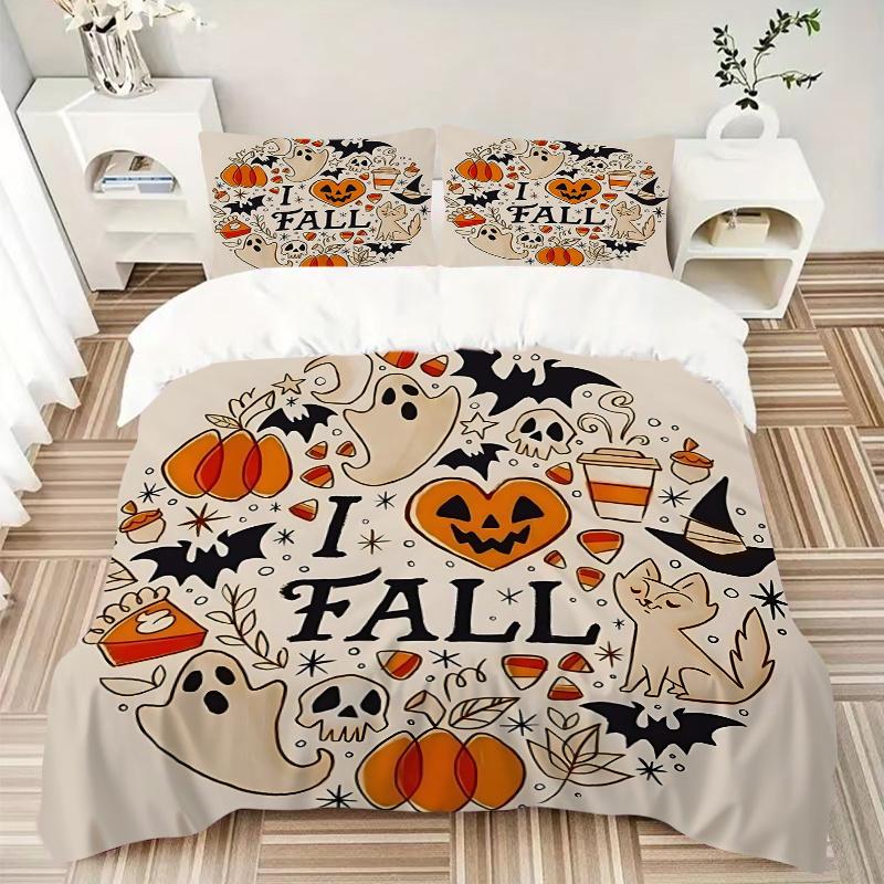 3pcs I Heart Fall Halloween Printed Duvet Cover Set (1 * Cover+2 * Pillowcase, Without Core), Suitable for Home Bedroom, Guest Room, Dormitory De
