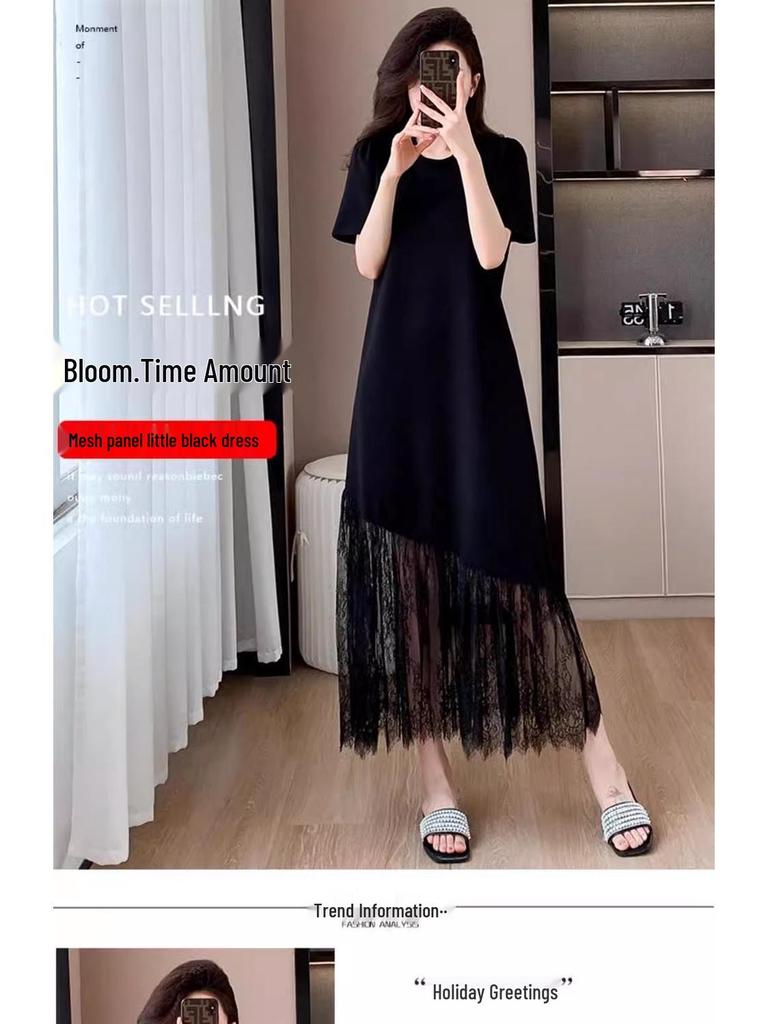 French Lace Patchwork Plus Size Summer Dress - Elegant Loose Short Sleeve Skirt for Women