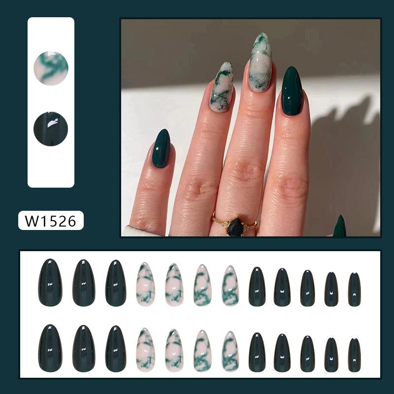 

Smudge and wear nail art tablets, fake nails, almond nails, medium and long European and American nail patches, dark green and white 24 pieces