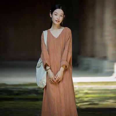 Dámske vintage šaty s výstrihom do V, dlhým rukávom, jesenné, voľné, v čínskom štýle, dámske áčkové šaty