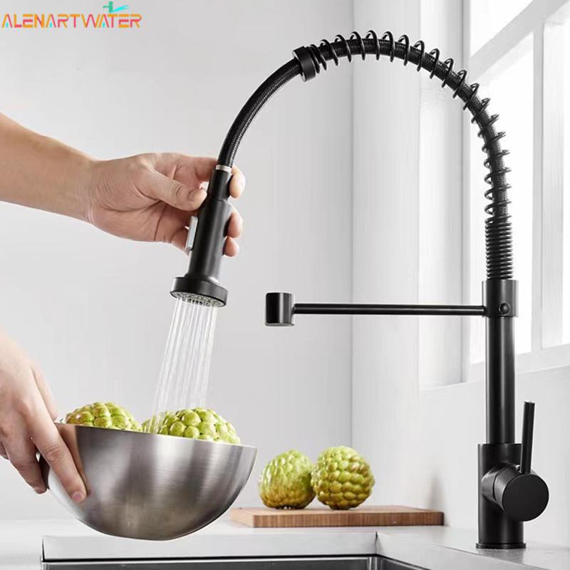 Kitchen Faucet Pull Out Stream Sprayer Deck Mounted Matte Black Mixer Tap 360 Degree Rotation Kitchen Sink Hot Cold Taps