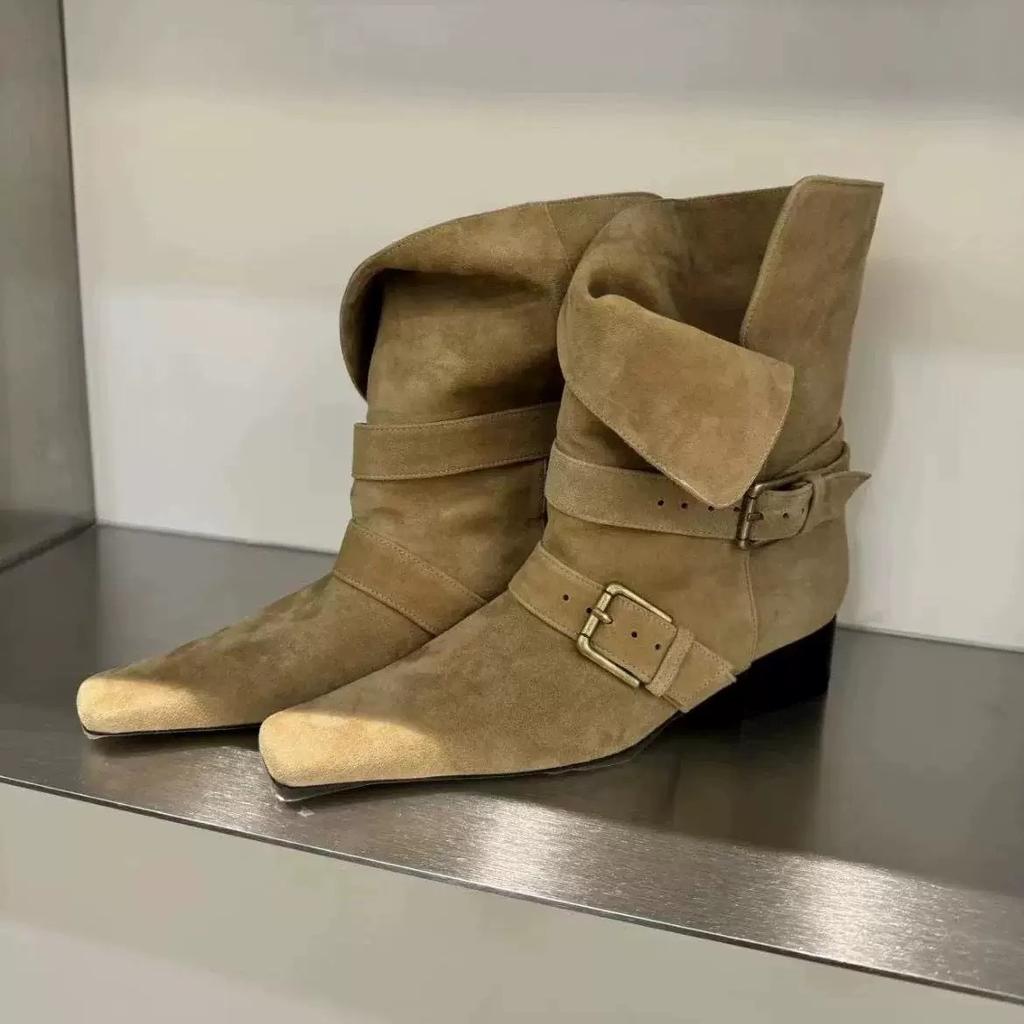 Cowhide Version~ Korean Version of Niche Street Shooting Catwalk Square Head Western Cowboy Boots Women's Thick Heel Leather Short Boots Fashion Wom