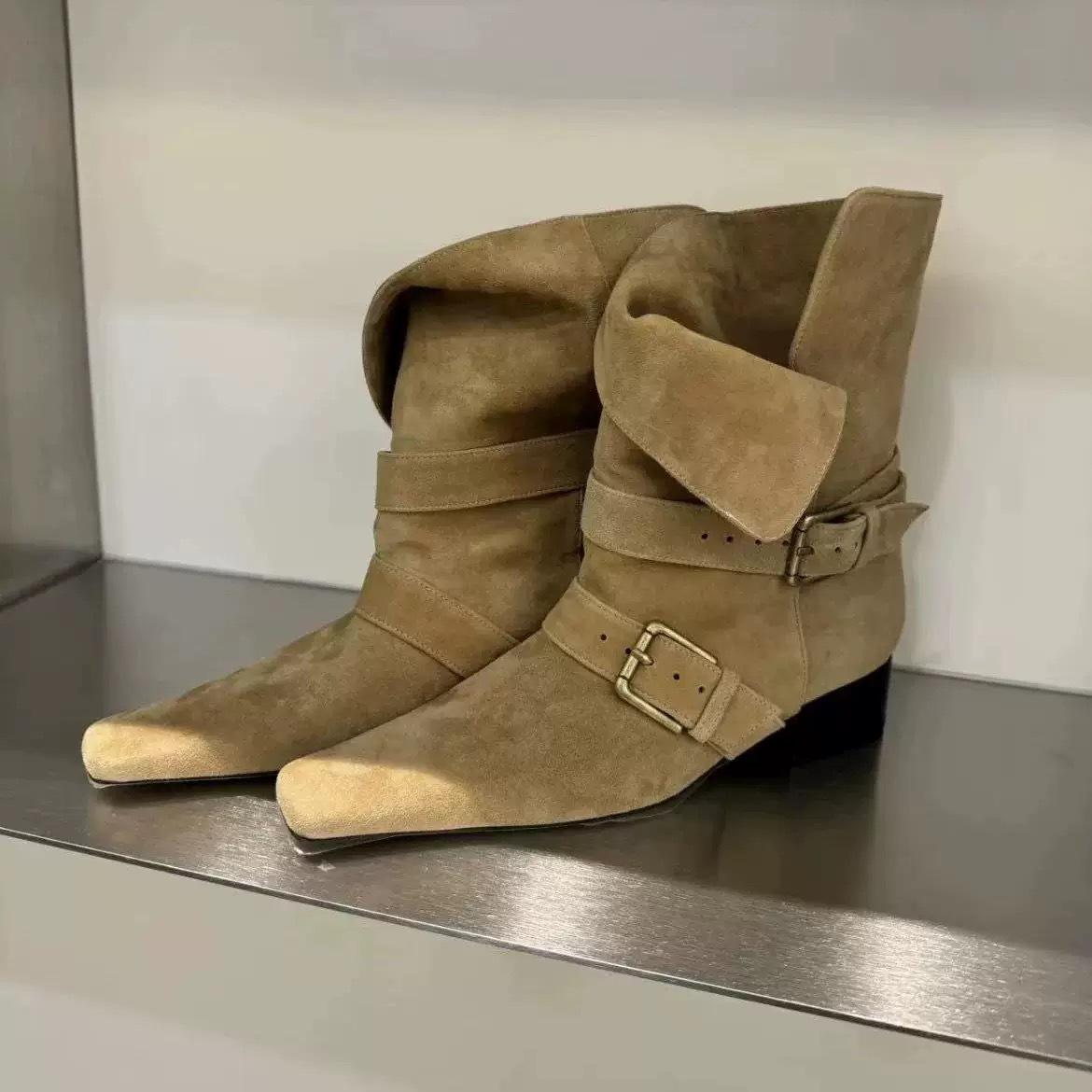 

Cowhide version~ Korean version of niche street shooting catwalk square head western cowboy boots women s thick heel leather short boots fashion women 35