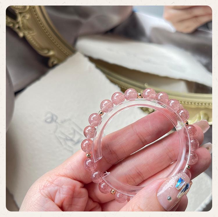 Qiaoen Strawberry Crystal Bracelet - Natural Pink Crystal, Double Happiness Design, Versatile & Stylish for Women