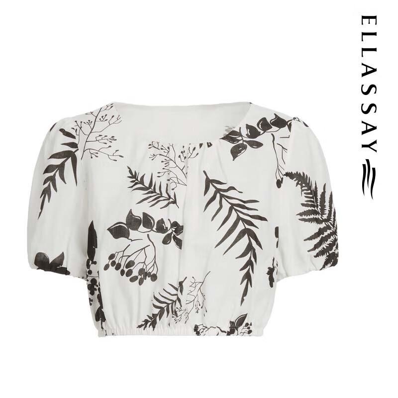 ELLASSAY Women's Printed Lyocell Linen Crop Shirt