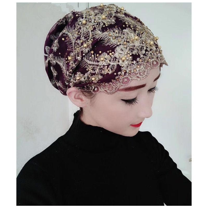 2022 New Design Spring Muslim Gauze Towel New National Style Head Scarf Lady Hat Cap Gold Silk Embroidered Nail Bead Hat