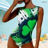 Women Plus Size High Round Neck Sleeveless One Piece Dark Green Clover Printed Swimsuit