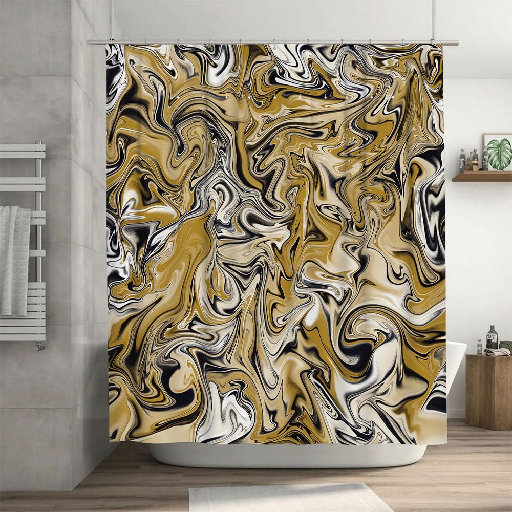 Luxury Marble Print Shower Curtain Modern Bathroom Decor, Waterproof Fabric For Wet Areas Gold Black Abstract Pattern (180 X 180