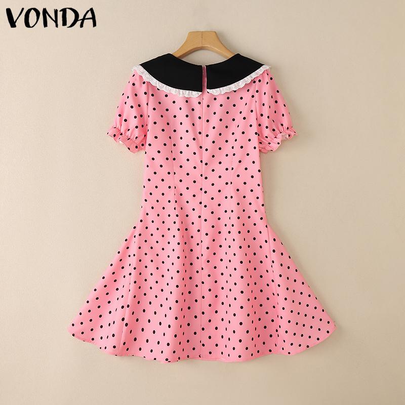 VONDA Summer Women Lapel Neck Short Sleeve Lace Hem Bow Knot Polka Dots Ruffled Mini Dress