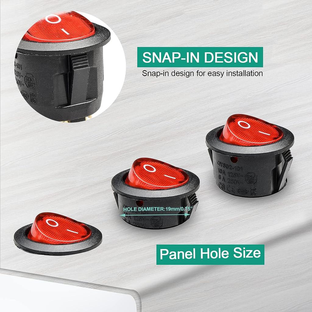 8pcs KCD1 On/Off 3-Pin 2-Position Snap 20A 12V Red LED Round Boat Rocker  with LED  Househeld DIY Replacement