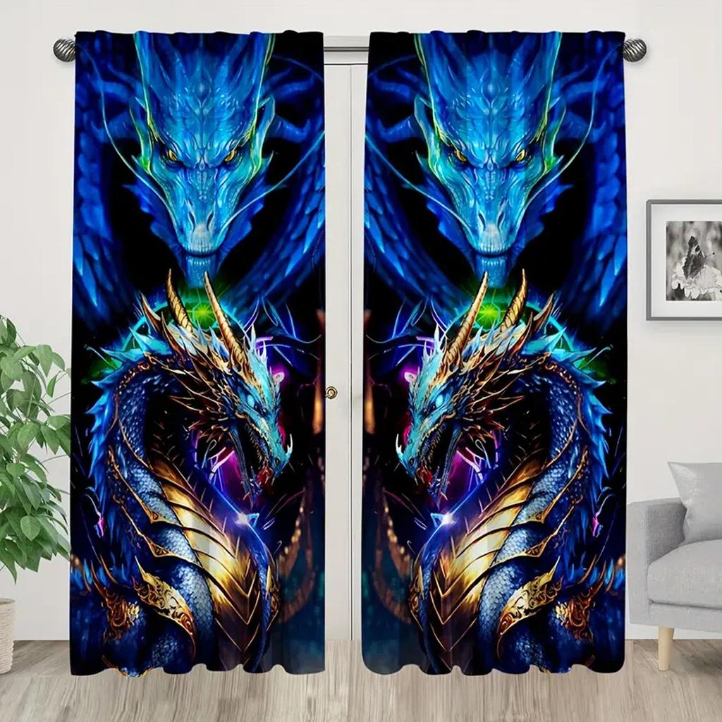 2 PCS Chinese Happy New Year Dragon Pirnt Curtains, 3D Print Window Curtains for Living Room Bedroom Red and Gold Free Shipping