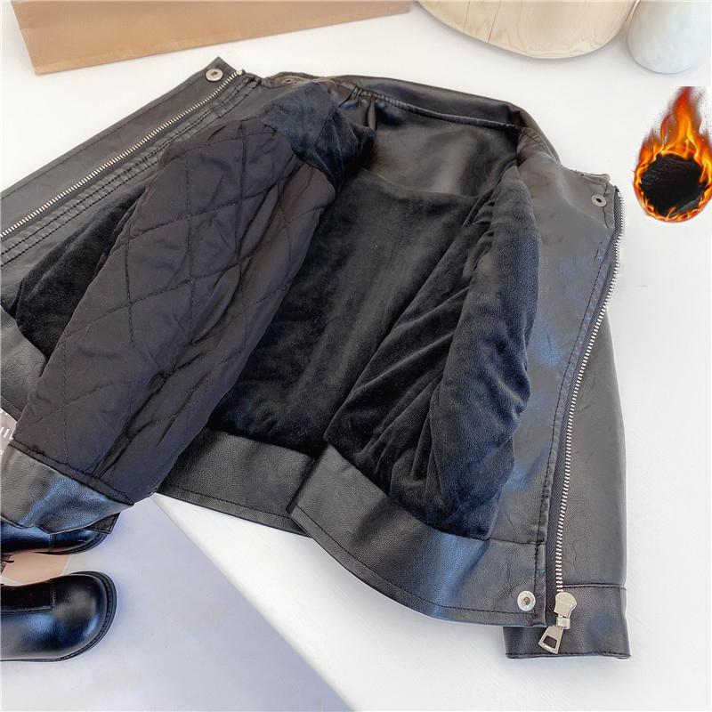 

Детская одежда, осенняя детская кожаная одежда, красивая мотоциклетная кожаная куртка для мальчиков и девочек, куртка на молнии 90cm матовый черный