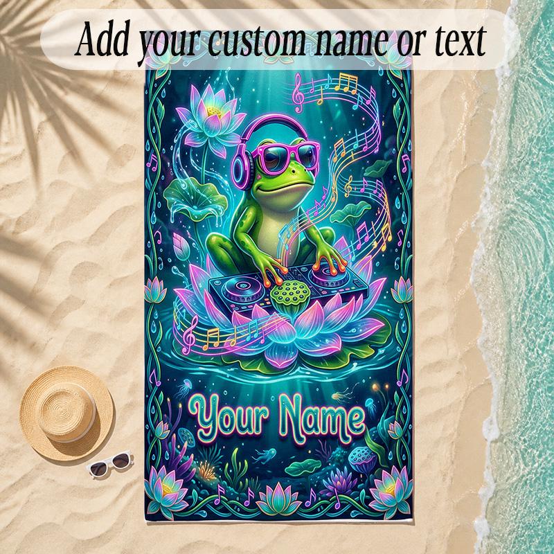 Frog Theme Soft Beach Towel Personalized Custom Name Text Towel Portable for Beach Pool Travel