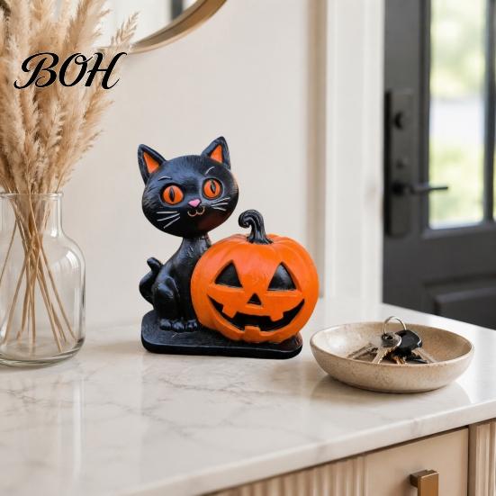 Decorative Resin Statues Halloween Black Cat Pumpkin Skull Statue, Cute Decoration for Durable Party Supplies Indoor Outdoor Yard Table Decor, Festive