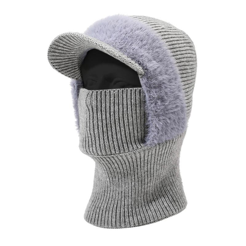 Autumn Winter Knitted Hat Scarf One-Piece Velvet Two-Piece Cap Warm Face-Covering Cold-Proof Wool Cap