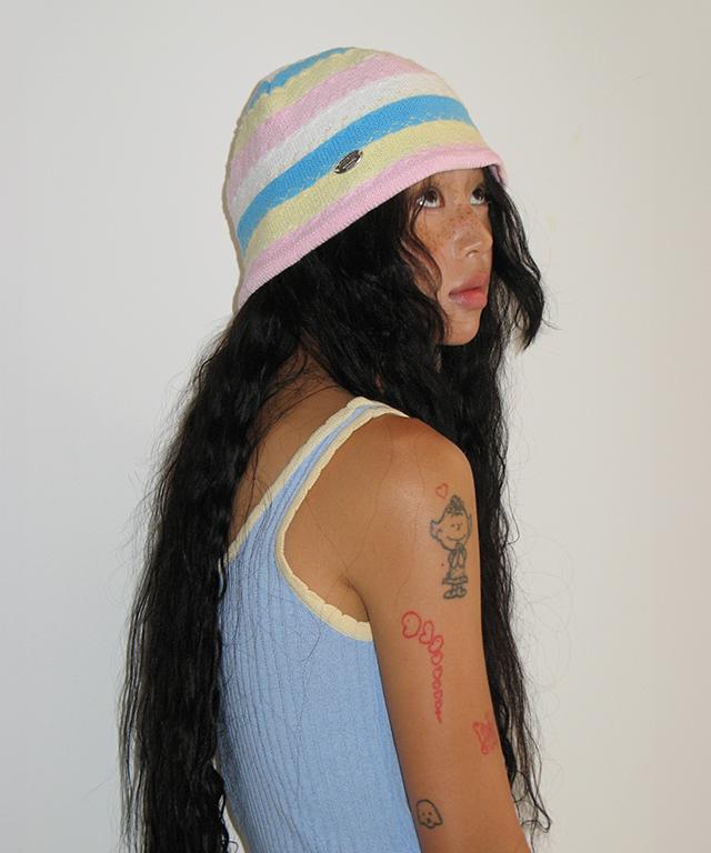 RONRON Multi Stripe Knit Bucket Hat Pink Blue