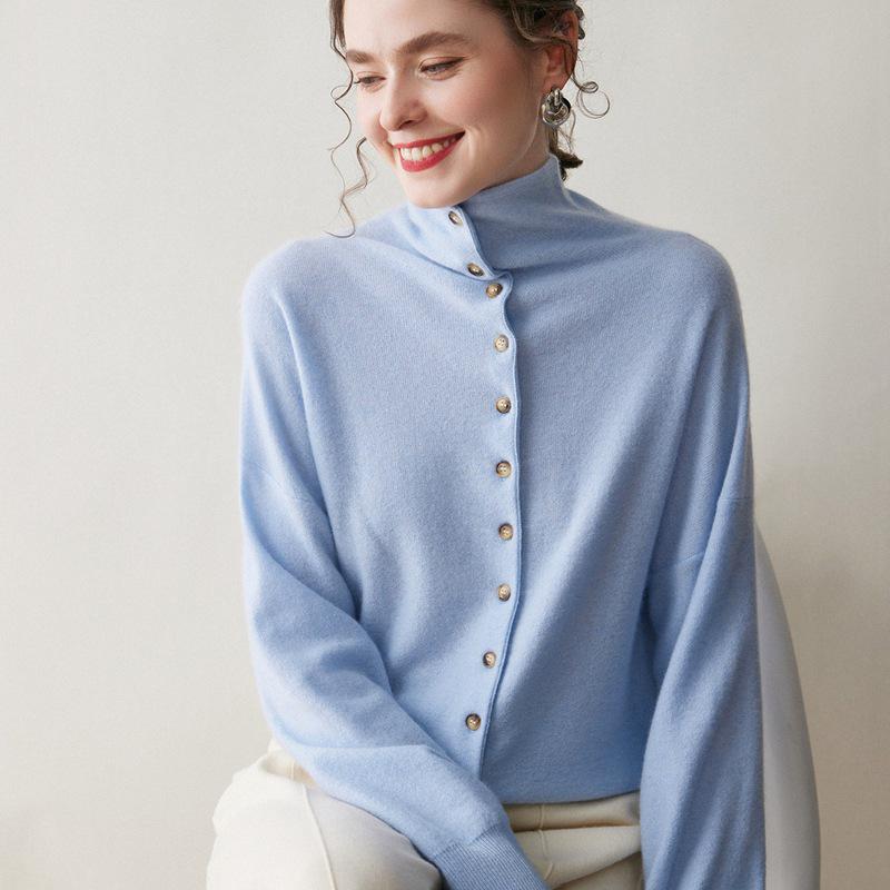 Women's Cashmere Knit Half-High Neck Cardigan - Soft, Slimming, Winter Casual Korean Style Sweater