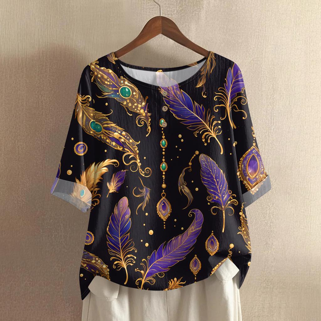 Women's Fashionable And Casual Shirt Half Sleeve Round Neck Print Cotton And Linen Blouse Top
